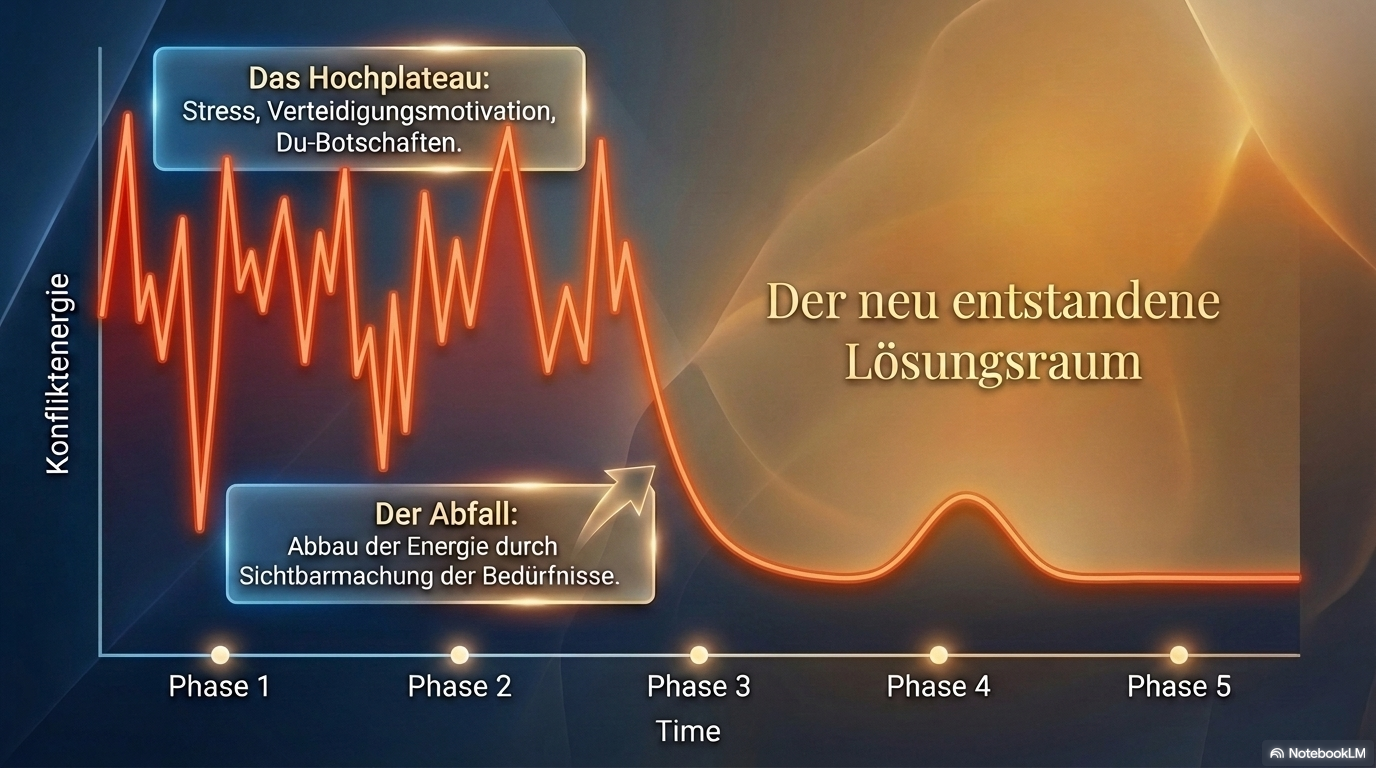 Diagramm: Konfliktenergie über die 5 Phasen der Mediation – der Abfall in Phase 3 öffnet den Lösungsraum
